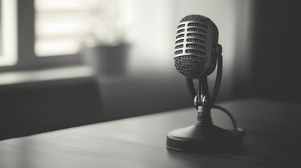  black-and-white retro microphone podcast studio minimal workspace monochrome recording setup professional audio production background banner copy space influencer youtuber recording ad