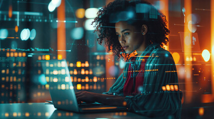 Software developer working on laptop with augmented reality interface in modern office at night