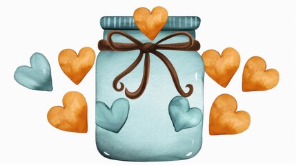 Sticker - A charming jar filled with vibrant hearts, perfect for expressing love on Valentines Day. Delightful watercolor clipart illustration.