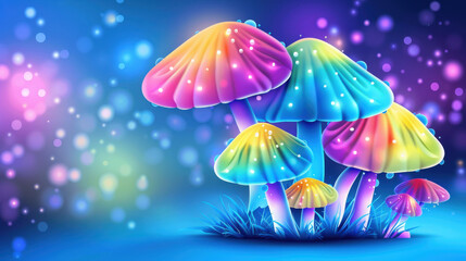 Wall Mural - Vibrant mushrooms glow in the dark, showcasing a stunning array of colors, thanks to innovative technology and design.