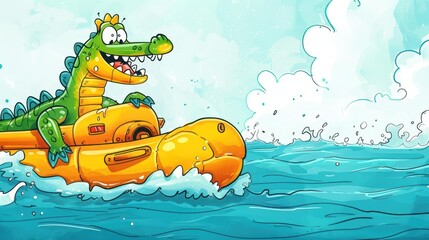 Wall Mural - A cheerful alligator enjoys an adventure in a bright yellow submarine, surrounded by colorful underwater scenes in watercolor.