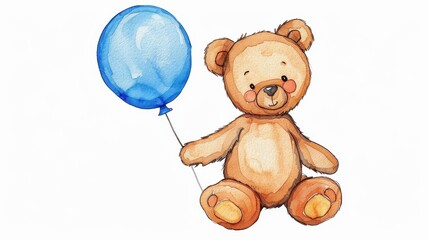 Canvas Print - Adorable teddy bear holding a blue balloon, beautifully rendered in watercolor for a cheerful touch. Perfect for kids decor