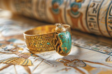 Wall Mural - Close up photo of an Ancient Egyptian scarab beetle bracelet on an old document with hieroglyphics in a museum display. Antique object and artifacts museum exhibit.