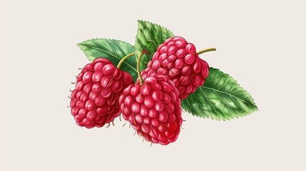 Wall Mural - Vibrant raspberry on clean backdrop, showcasing its rich color and texture in a vintage botanical illustration style.