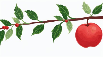 Sticker - Bright red apple design, featuring lush branches and green leaves, perfect for a fresh and inviting banner on a clean white background.