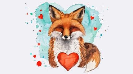 Poster - A charming watercolor fox portrait adorned with a heart, capturing a whimsical expression of love and affection.