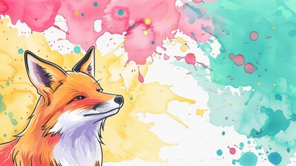 Wall Mural - A vibrant watercolor splash showcases a playful fox illustration, bringing color and whimsy to your art collection.