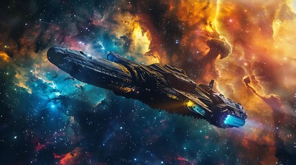 A futuristic spaceship traveling through a colorful nebula with bright stars scattered around