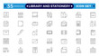© artshuvo - Library and stationery icon set. Contain linear outline icons like College, Knowledge, University, Book, Study, Certificate, Student, Library, Lesson, Stationery. Editable stroke outline icon.