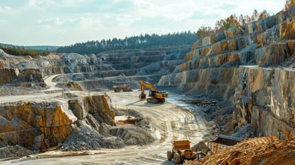 Canvas Print - A panoramic view of a quarry with heavy construction machinery in operation