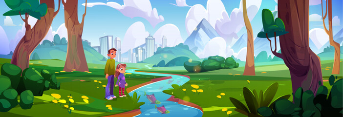 Wall Mural - Children walking in forest or park near river with fish. Cartoon vector summer sunny landscape with green trees and grass, blue water in stream, skyscrapers on horizon, teen boy and kid girl outing.