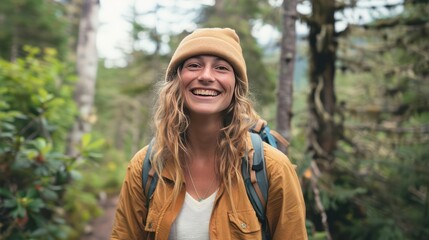 Wall Mural - Feeling excited with a wide grin, exploring a new hiking trail.