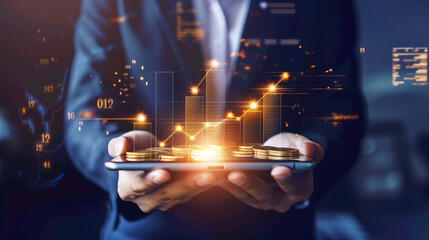 Wall Mural - businessman using tablet analyzing sales data and economic growth graph chart