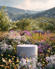 An elegant podium positioned amidst a field of wildflowers, evoking a sense of natural beauty and tranquility,realistic photo copy space ,  high detail sharp focus