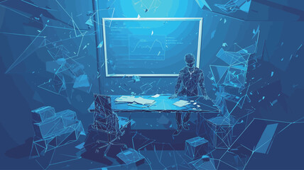 Abstract blue polygonal background with a man sitting at a table in front of a computer monitor. The concept of modern technologies, business, communication and technology.