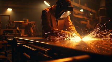 Wall Mural - Precision steel welding  factory worker operating machinery with sparks on metal