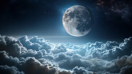 Wall Mural - A serene night sky with a partially obscured moon nestled among wispy clouds. The moon, luminous and ethereal, casts a gentle glow that softly illuminates the surrounding clouds.