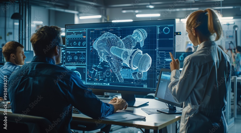 Team of engineers working on futuristic robotic arm design in high-tech ...