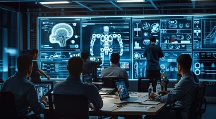 engineers collaborating on robotics project in high-tech office with futuristic interface displays