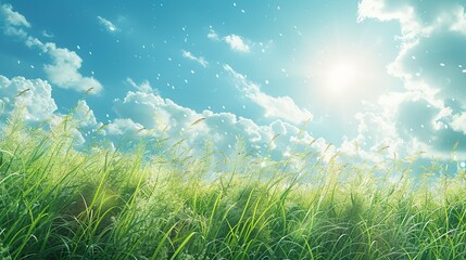 Poster - green summer background with a lush meadow, tall grass swaying in the breeze, and a clear blue sky