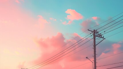 Canvas Print - Pastel Sunset Sky with Power Lines.