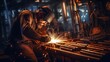 © sorin - Precision steel welding  factory worker operating machinery for welding metal with sparks
