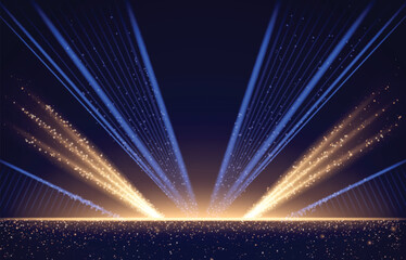 Wall Mural - dark blue stage with golden spotlight lines and glitter texture for award ceremony design. realistic