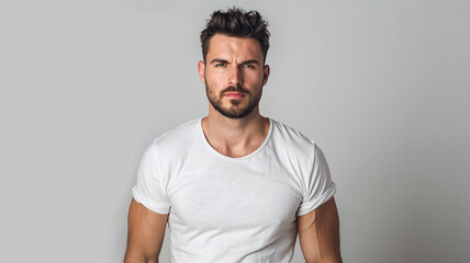 Wall Mural - casual, people, handsome, person, model, guy, men, boy, smiling, shirt, standing, fashion, face, confident, looking, smile, lifestyle, one, studio, t-shirt, youth, expression, cool, style, hair