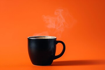 Black mug with hot cappuccino, steam rising, on an orange background, vibrant colors, studio shot.