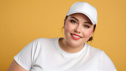 Wall Mural - Plus size young woman with short hair wearing white t-shirt and white baseball cap isolated on yellow background