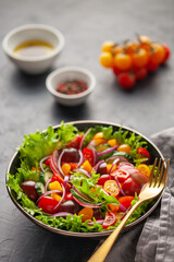 Wall Mural - Easy vegetarian salad of fresh cucumber, tomato, sweet pepper, radish and onion . Healthy food.