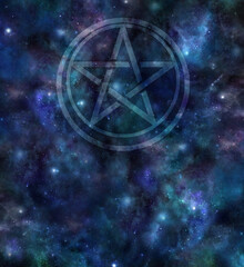 Five Point Star Celestial Template - deep space cosmic starry blue black background with a 5 pointed star inside two circles and copy space for spiritual message below