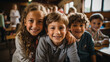 © halo - Class selfie in an elementary school. Kids taking a picture together in a co-ed school, photography.