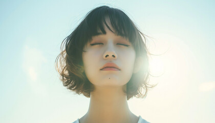 Asian woman with short hair and closed eyes enjoys the sunlight in serene outdoor setting, radiating a calm and peaceful mood.