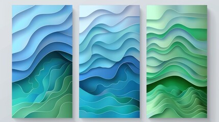 Wall Mural - set of three abstract wave wall art panels with green and blue design