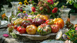 © Yana Buzhynska - Beautiful assortment of tomatoes in drops of water on a large tray on a wooden table