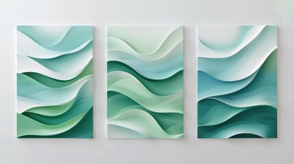 Wall Mural - set of three abstract wave wall art panels with green and blue design