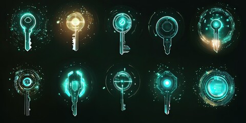 Canvas Print - set of different futuristic smart key cyber security with glowing sparkles on black background 