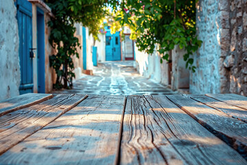 Poster - Empty wooden table top presenting blurred traditional alley background