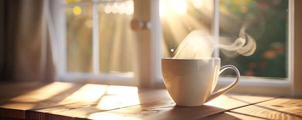 Steaming white cup on a wooden table, window in the background, creating a serene morning scene.