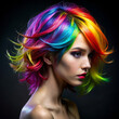 © lexmomot - Portrait of a woman with vibrant rainbow-colored hair on a dark background