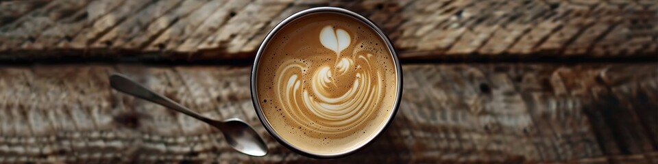 Swirled cappuccino on wooden table, spoon hovering, soft light, overhead view, rustic warmth.