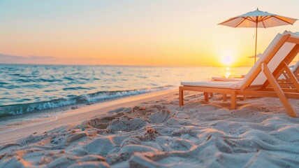 Wall Mural - tranquil beach sunset with loungers and umbrella - golden hour relaxation on sandy shore.