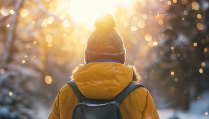 Person in a yellow jacket and beanie walking in a snowy forest with sunlight streaming in the background.