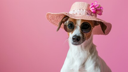 cute Dog Jack russell wear sunglasses and summer costume that looking at camera isolated on background