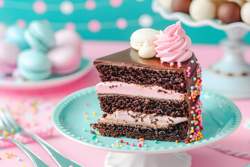 a piece of chocolate cake on turquoise and pink background 