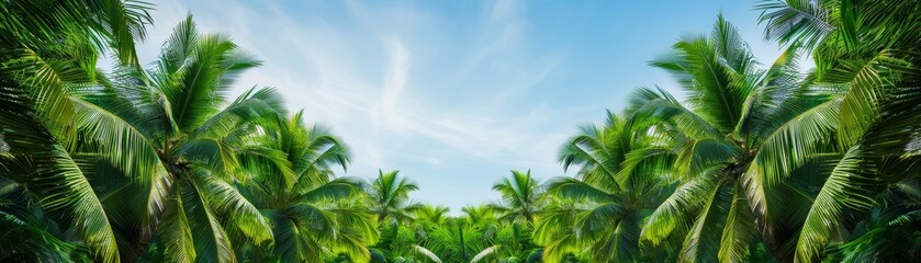 Wall Mural - vibrant green palm tree fronds framing a blue sky with wispy clouds for tropical summer vacation or 