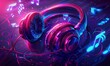 © Artlana - Glowing music sheets notes with headphones on beautiful lights bokeh background.