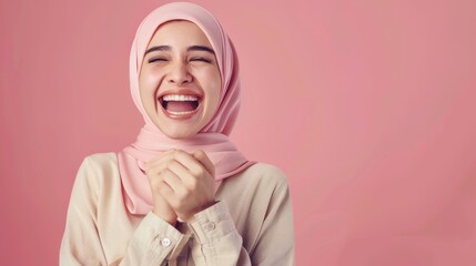 Hijab muslim woman with happy emotion isolated background