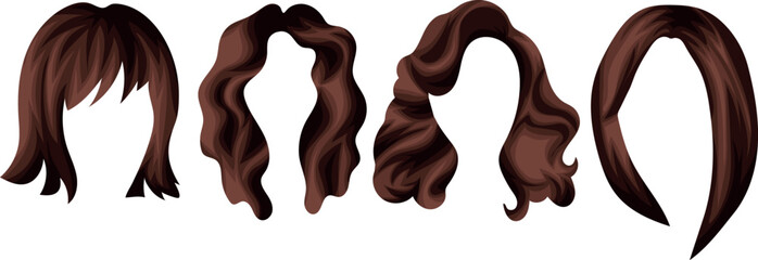 Sticker - set of female brown hair templates with various haircuts and hairstyles for female characters